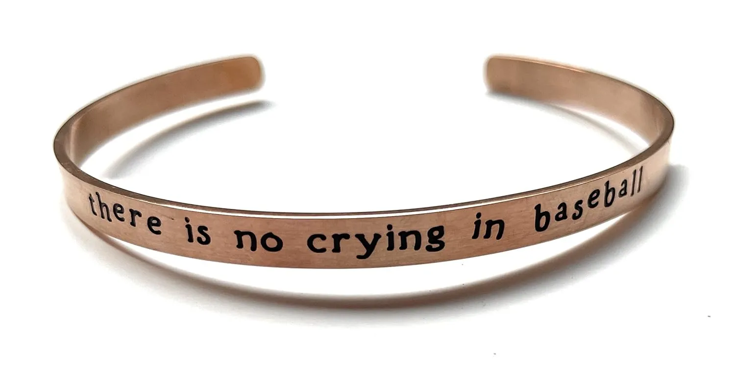Funny Baseball Open Bangle Bracelet, There is No Crying In Baseball, Baseball Mom Gift, Baseball Quote, Rose Gold or Silver, Mantra and Word, Sports Bracelet (Rose Gold)