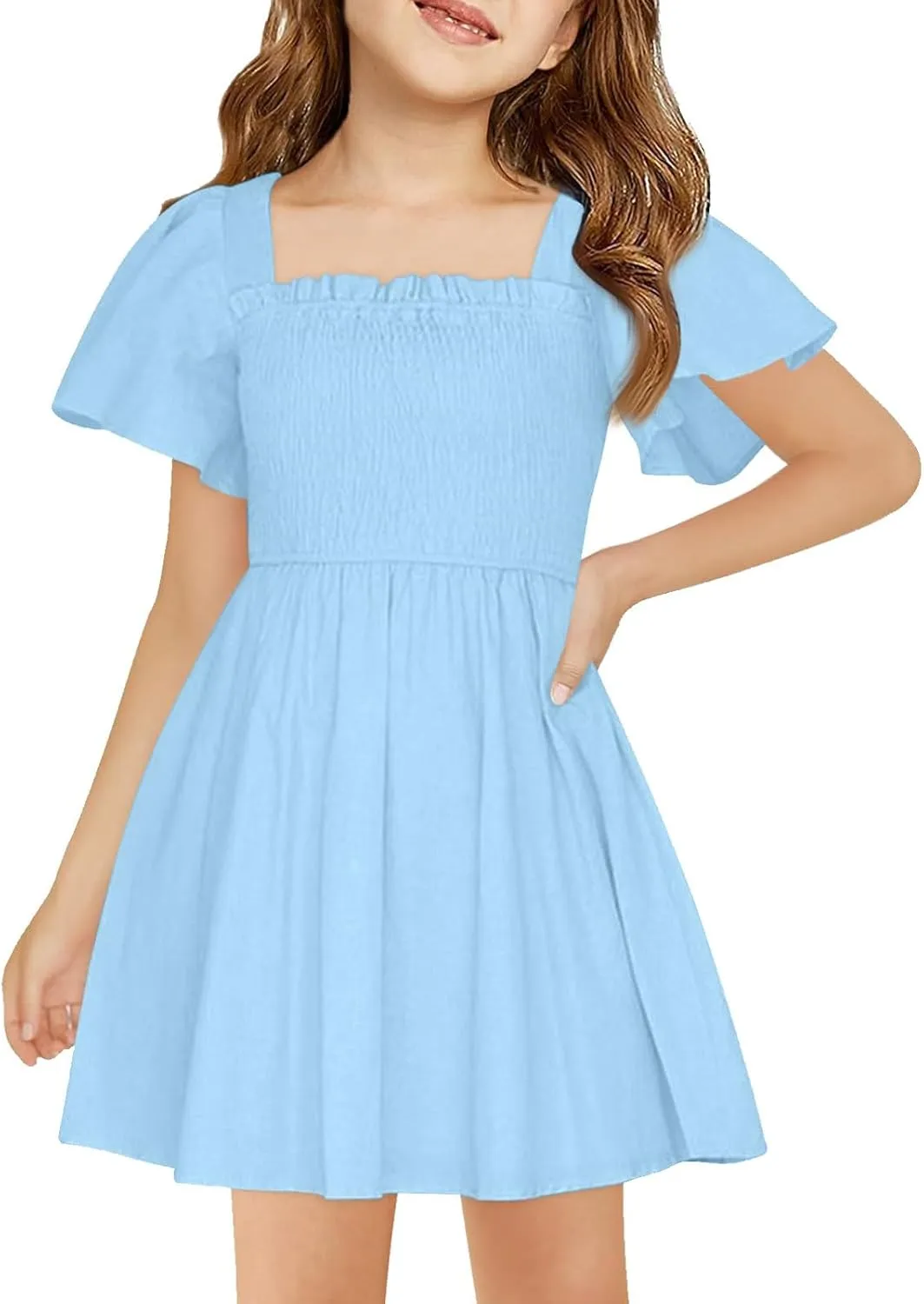 Girl Summer Dress Ruffle Sleeve Dresses Square Neck A Line Dress for Party Cute Dance Wedding Guest Dresses 5-14 Years