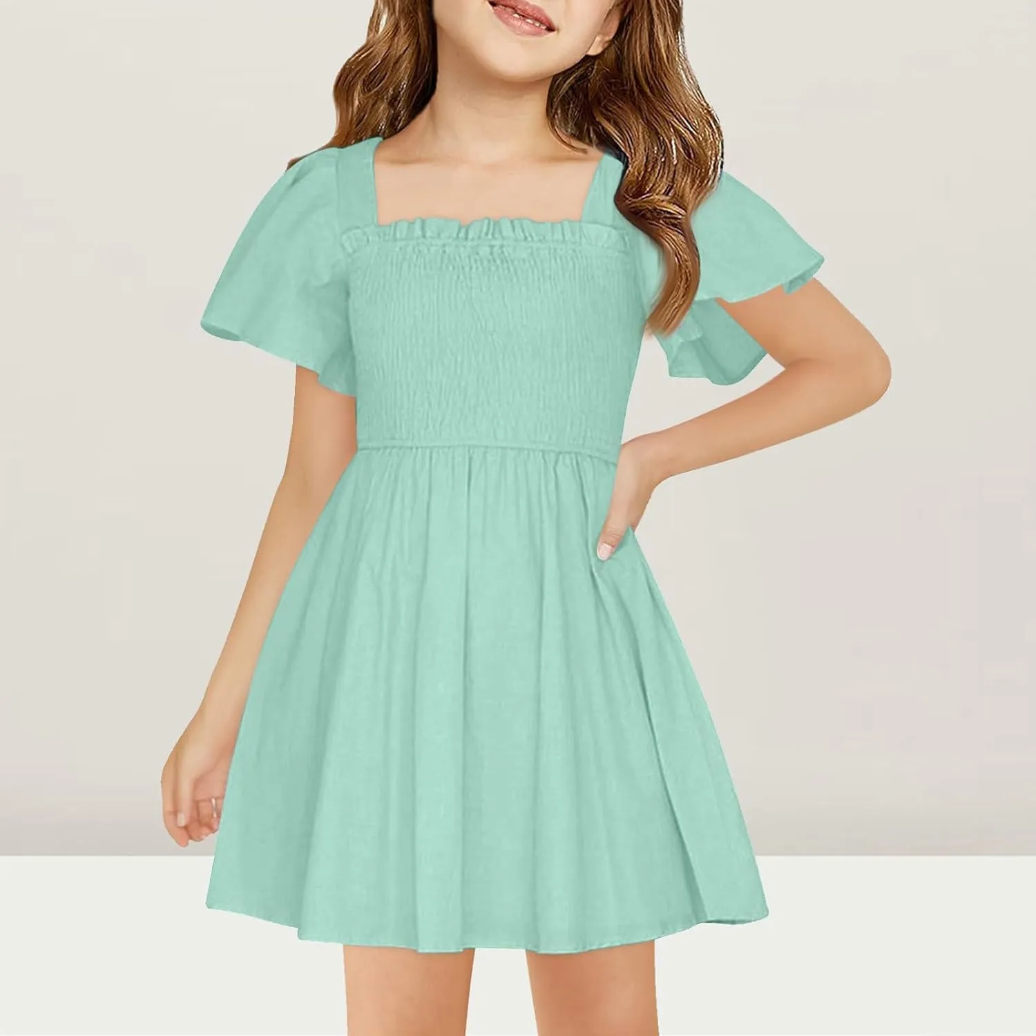 Girl Summer Dress Ruffle Sleeve Dresses Square Neck A Line Dress for Party Cute Dance Wedding Guest Dresses 5-14 Years