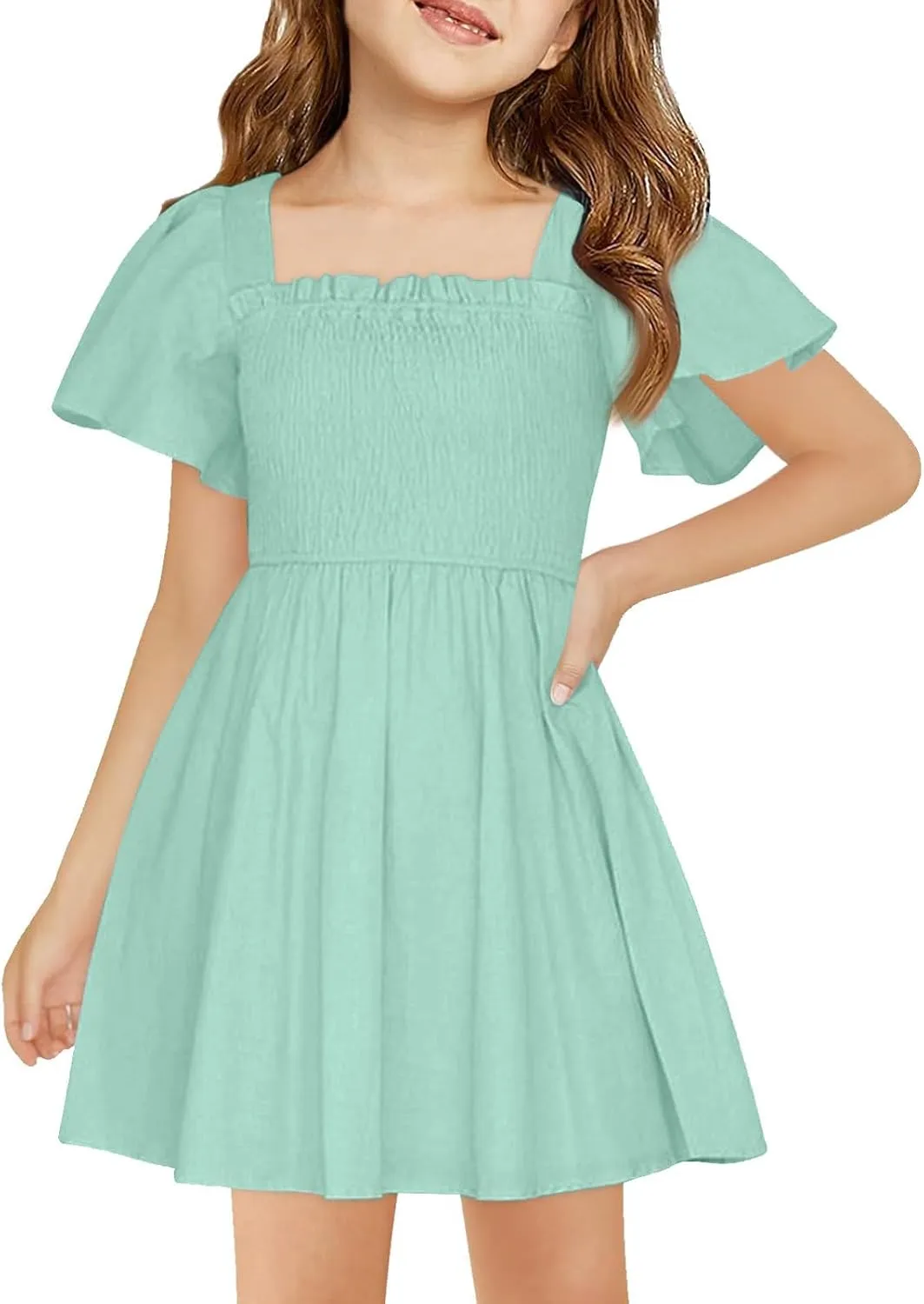 Girl Summer Dress Ruffle Sleeve Dresses Square Neck A Line Dress for Party Cute Dance Wedding Guest Dresses 5-14 Years
