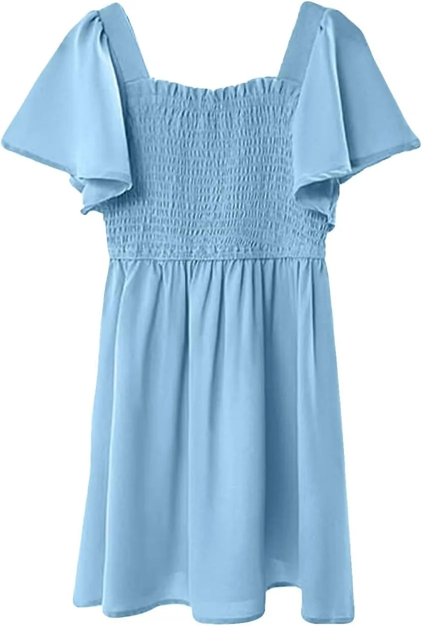 Girl Summer Dress Ruffle Sleeve Dresses Square Neck A Line Dress for Party Cute Dance Wedding Guest Dresses 5-14 Years