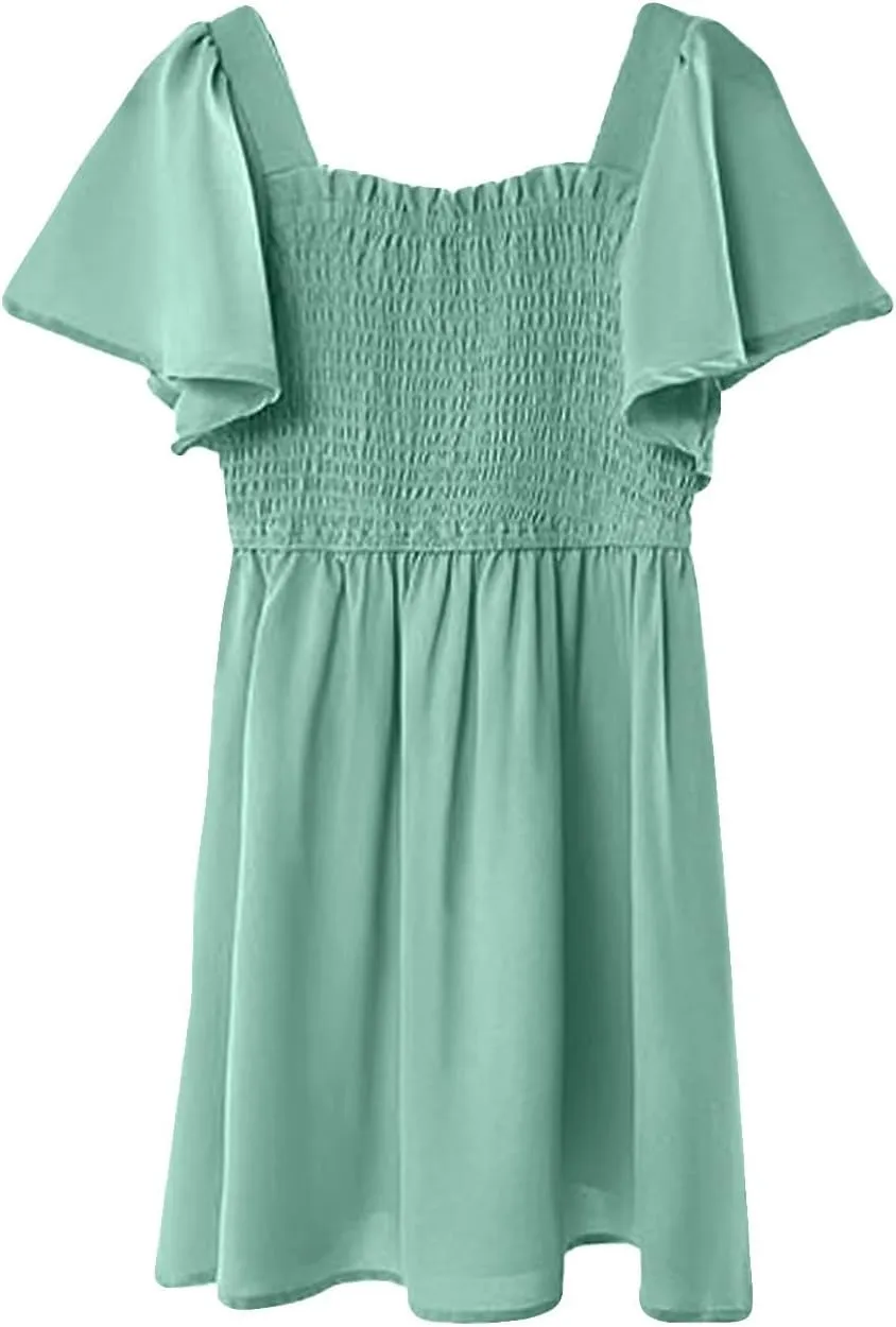 Girl Summer Dress Ruffle Sleeve Dresses Square Neck A Line Dress for Party Cute Dance Wedding Guest Dresses 5-14 Years