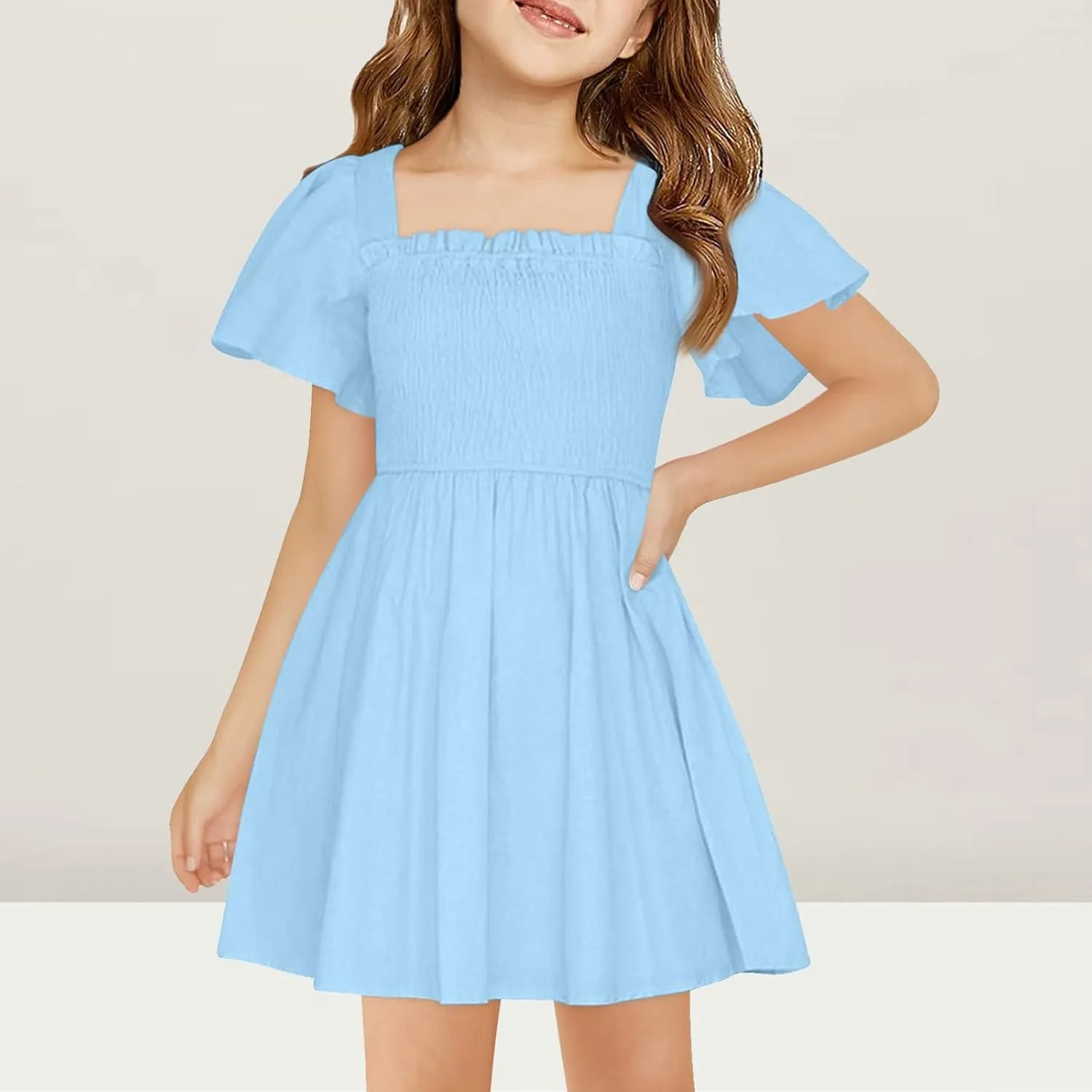 Girl Summer Dress Ruffle Sleeve Dresses Square Neck A Line Dress for Party Cute Dance Wedding Guest Dresses 5-14 Years