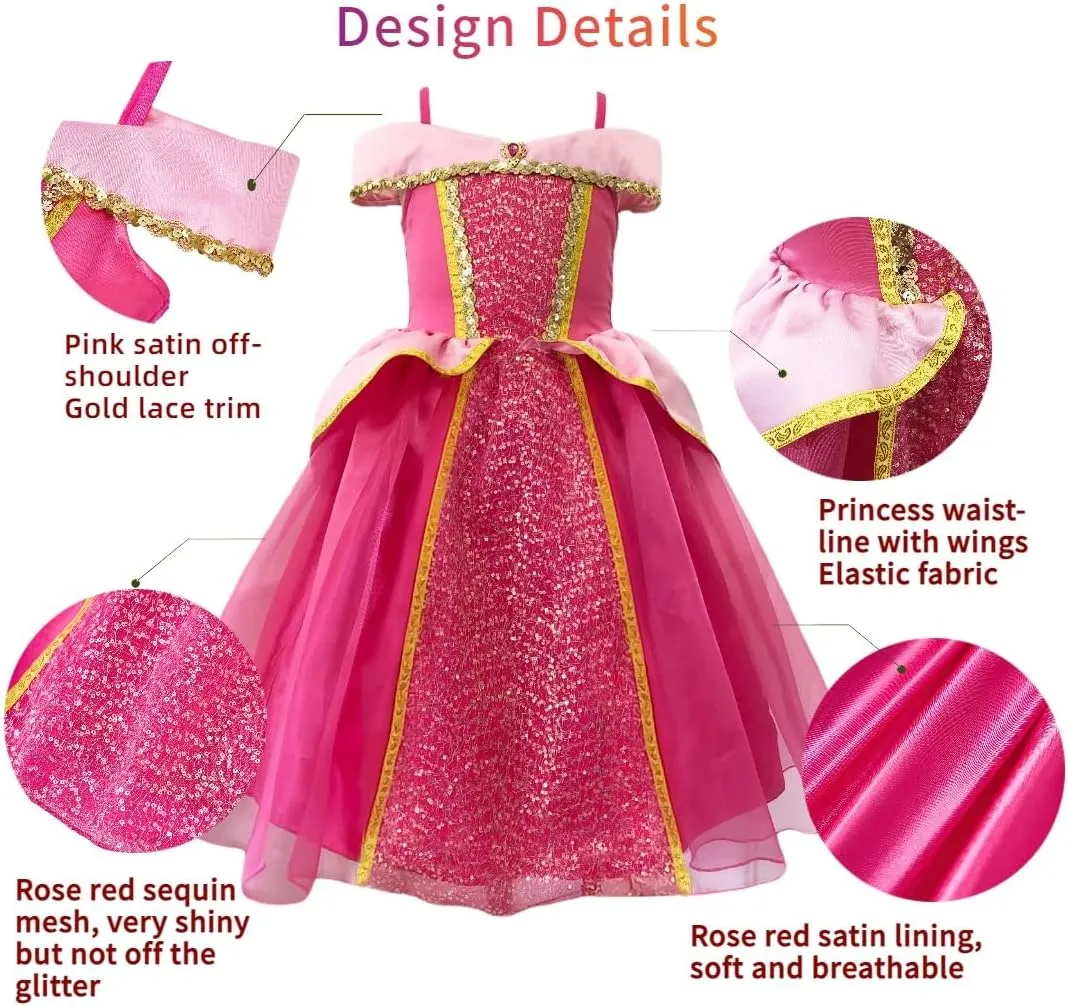 Girls Aurora Princess Costume Pink Dress Up with Accessories Halloween Cosplay Carnival Party