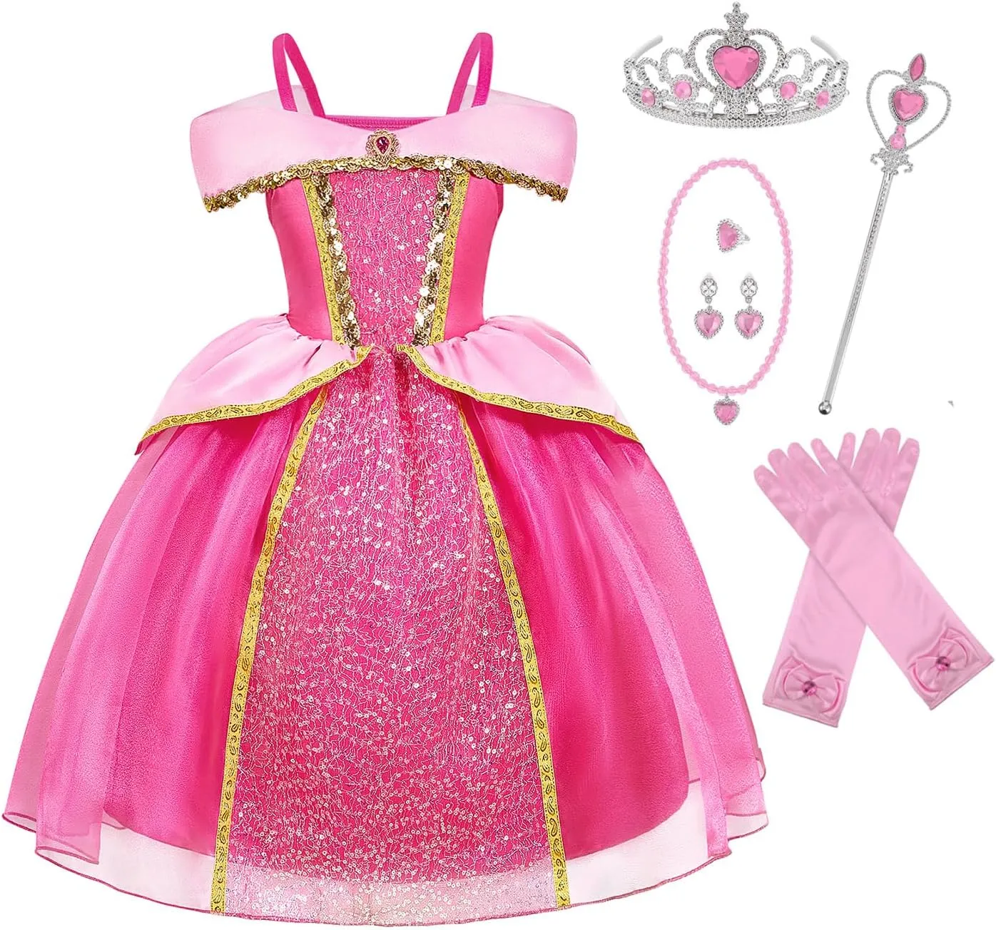 Girls Aurora Princess Costume Pink Dress Up with Accessories Halloween Cosplay Carnival Party