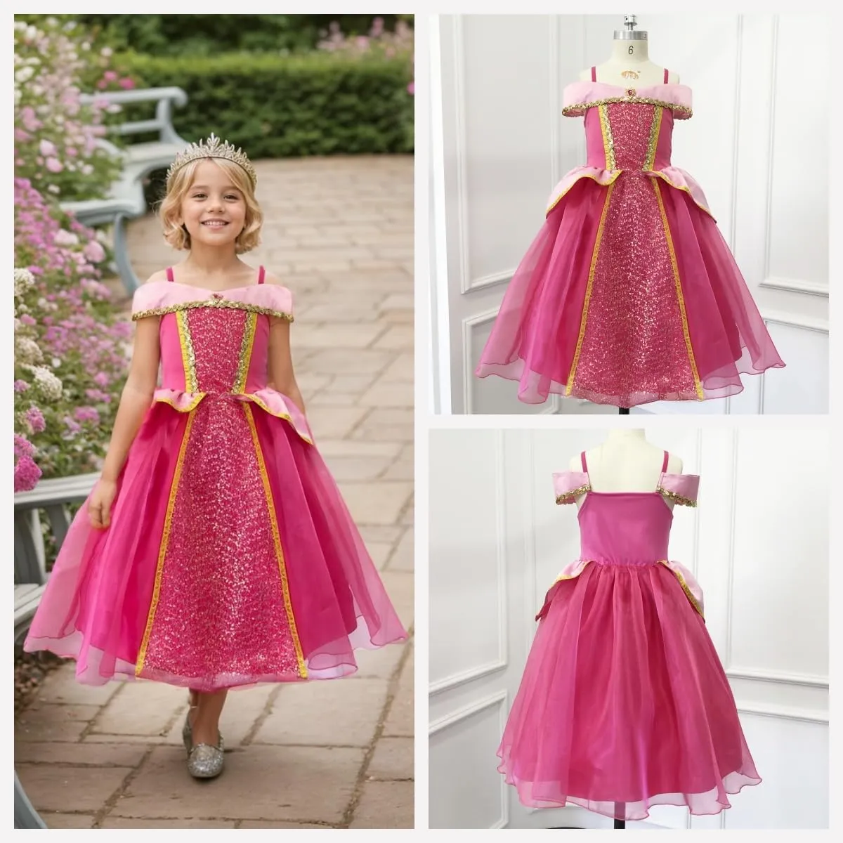 Girls Aurora Princess Costume Pink Dress Up with Accessories Halloween Cosplay Carnival Party