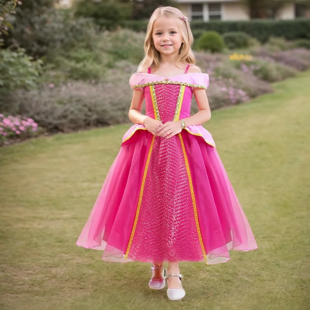 Girls Aurora Princess Costume Pink Dress Up with Accessories Halloween Cosplay Carnival Party