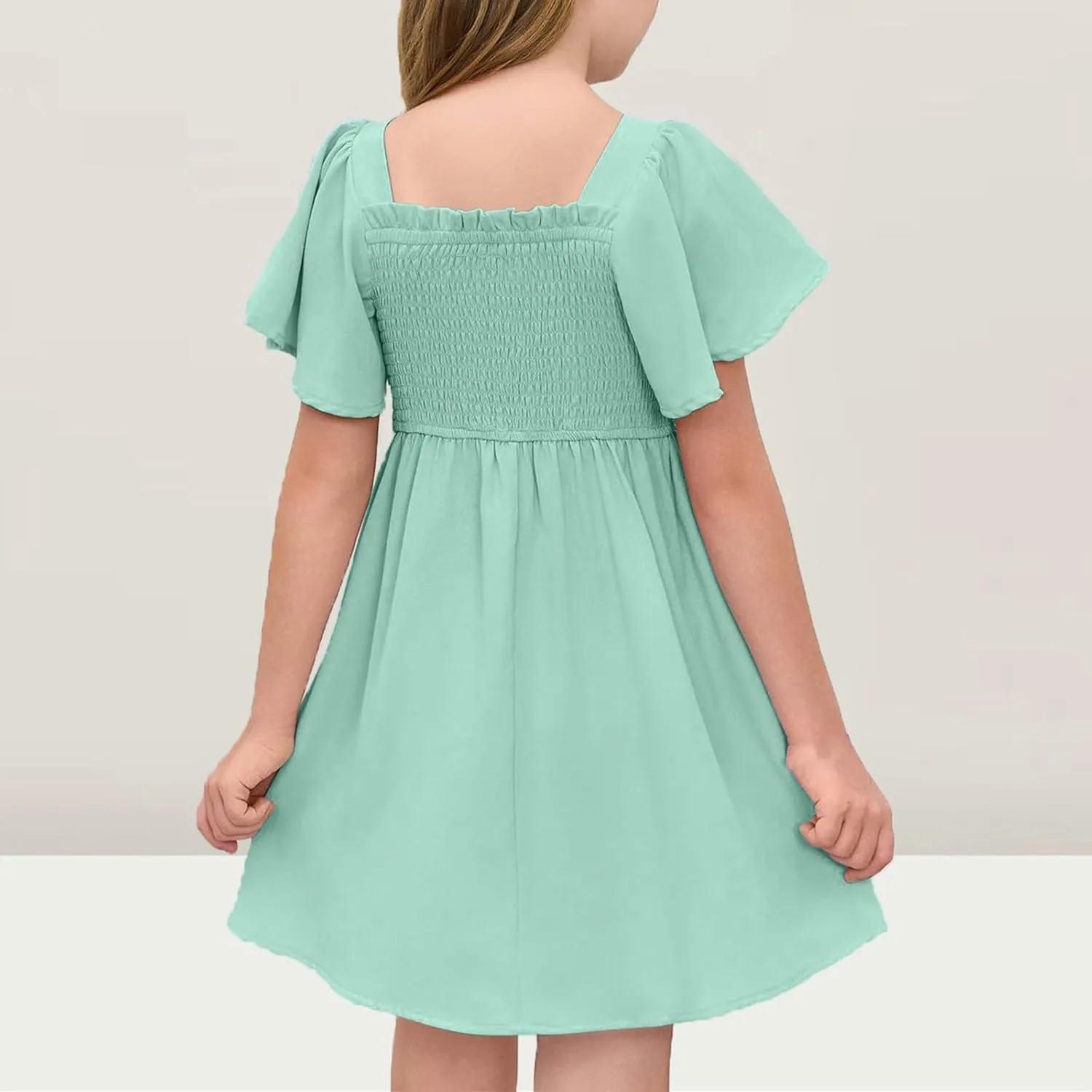 Girls Dress Summer Flutter Sleeve A Line Party Dresses Square Neck Cute Birthday Dresses Swing Dance Dress 5-14 Years