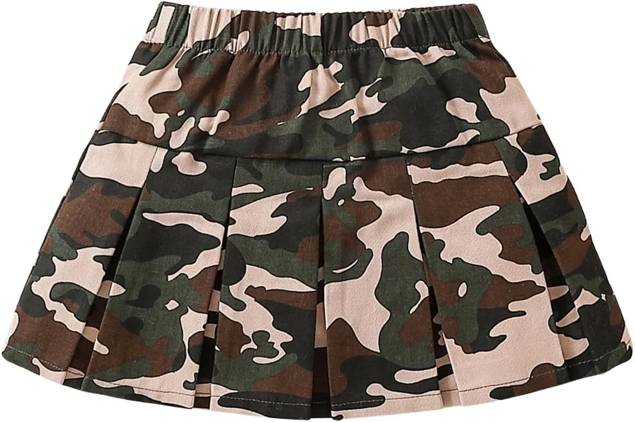 Girl's Flared Camo Pleated Skirt Elastic High Waist A Line Streetwear Jersey Mini Skirts for Girls