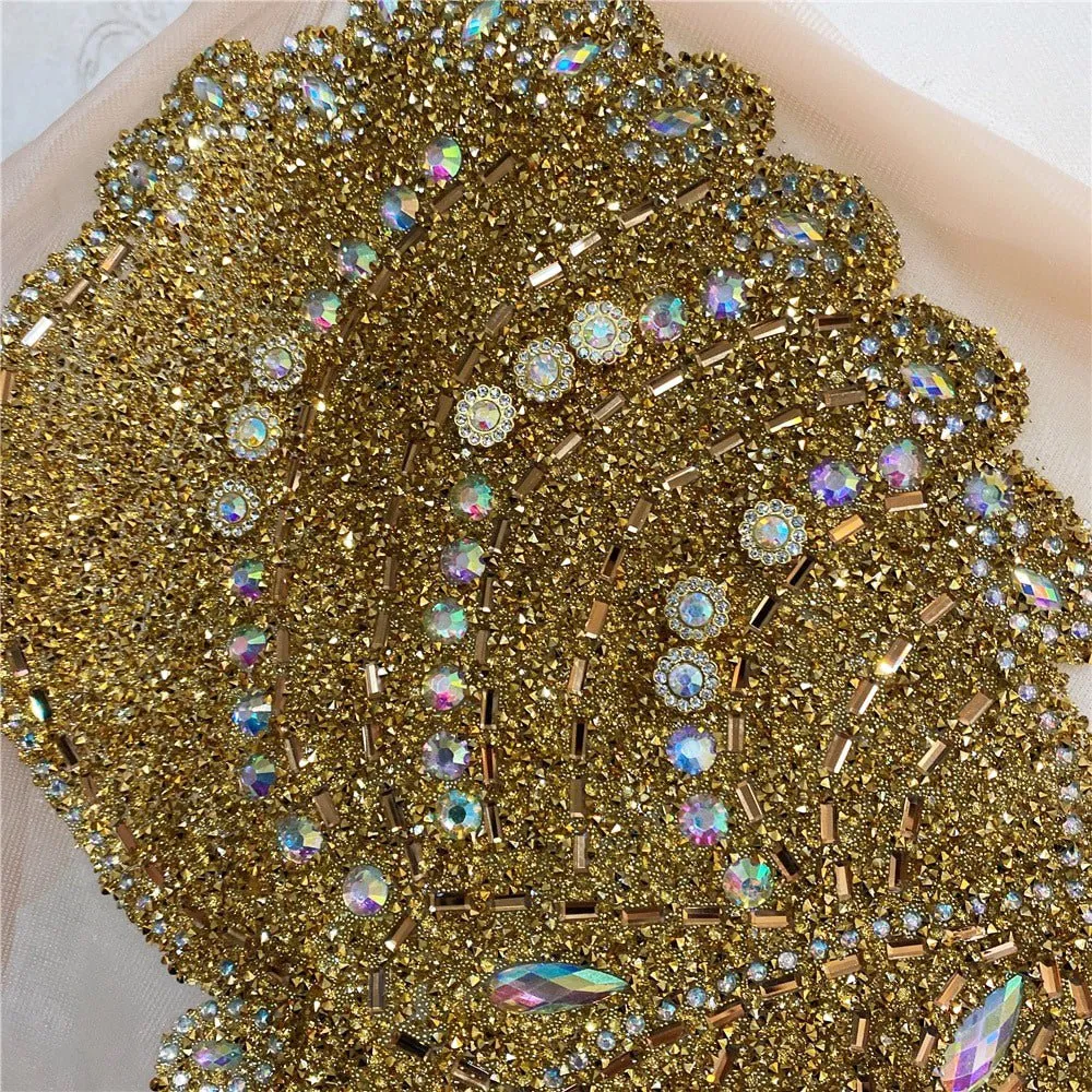 Gold Bridal Wedding Party Rhinestone Crystal Beaded Sequin Glitter Full Body Sew On Patch Trim Applique