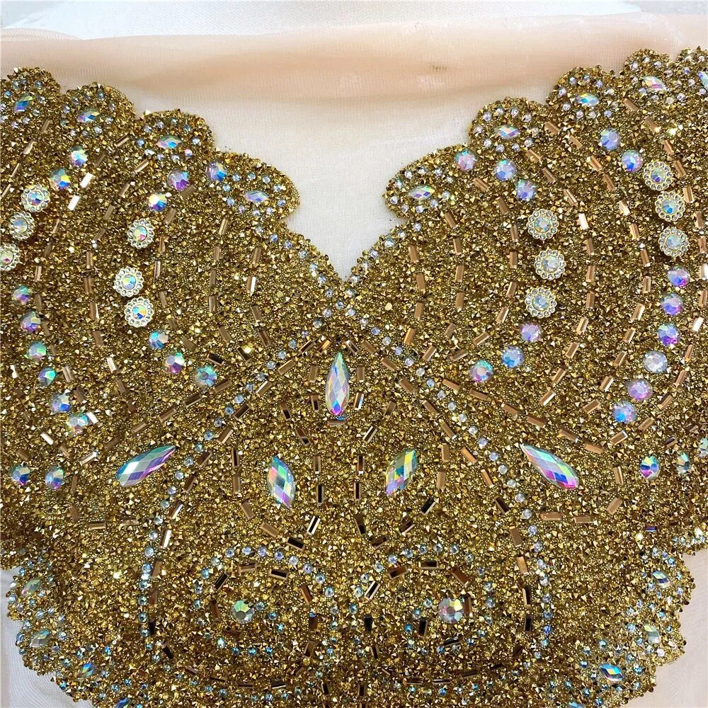 Gold Bridal Wedding Party Rhinestone Crystal Beaded Sequin Glitter Full Body Sew On Patch Trim Applique