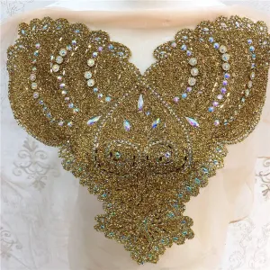 Gold Bridal Wedding Party Rhinestone Crystal Beaded Sequin Glitter Full Body Sew On Patch Trim Applique