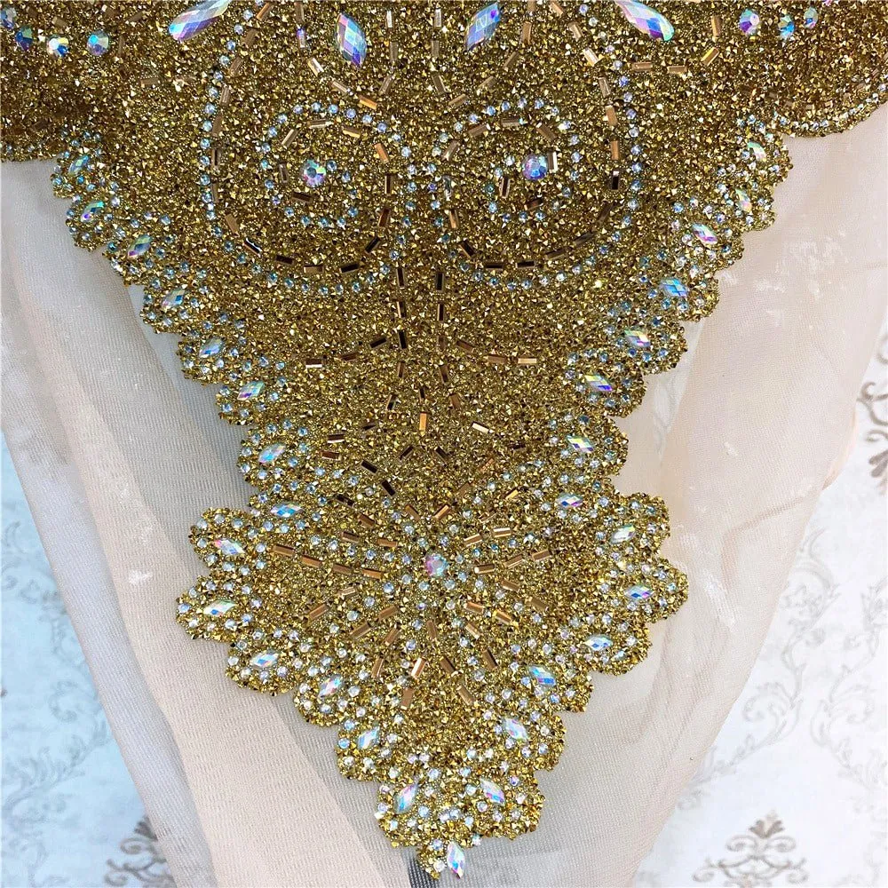 Gold Bridal Wedding Party Rhinestone Crystal Beaded Sequin Glitter Full Body Sew On Patch Trim Applique