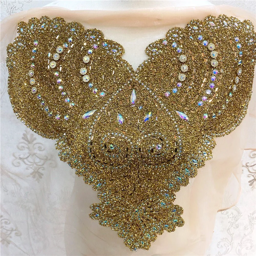 Gold Bridal Wedding Party Rhinestone Crystal Beaded Sequin Glitter Full Body Sew On Patch Trim Applique