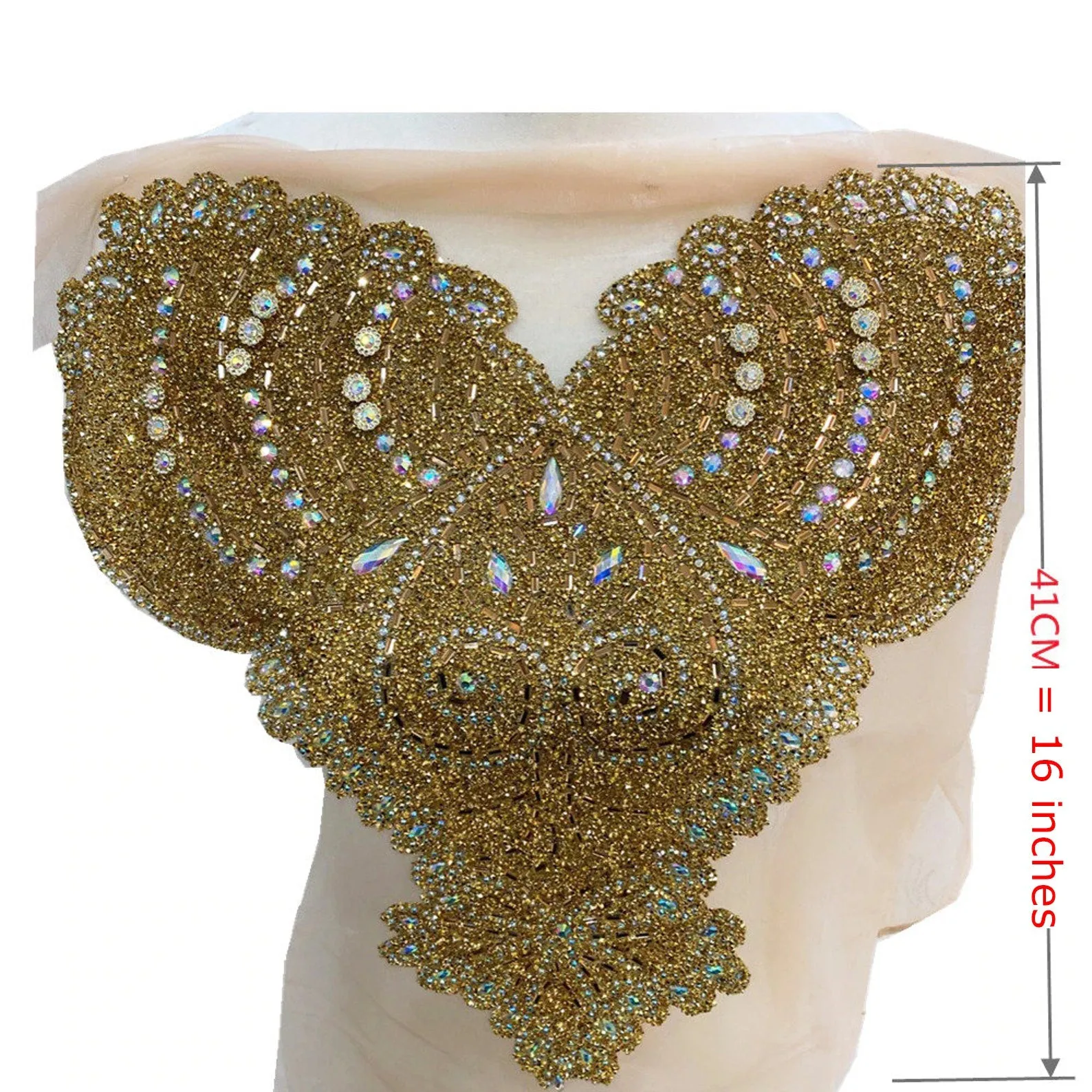 Gold Bridal Wedding Party Rhinestone Crystal Beaded Sequin Glitter Full Body Sew On Patch Trim Applique