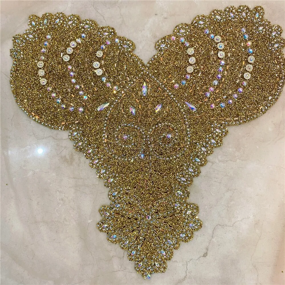 Gold Bridal Wedding Party Rhinestone Crystal Beaded Sequin Glitter Full Body Sew On Patch Trim Applique