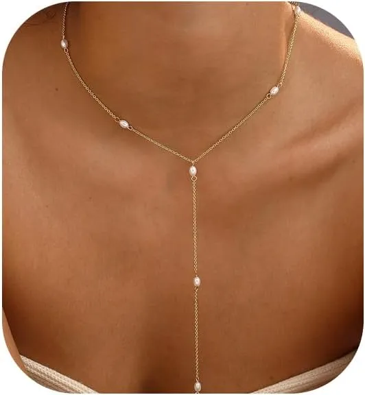 Gold Necklace for Women, Dainty Gold Long Necklaces 14k Gold Plated Prom Bar CZ Lariat Necklace Simple Choker Necklaces for Women Trendy Boho Fashion Costume Jewelry Womens