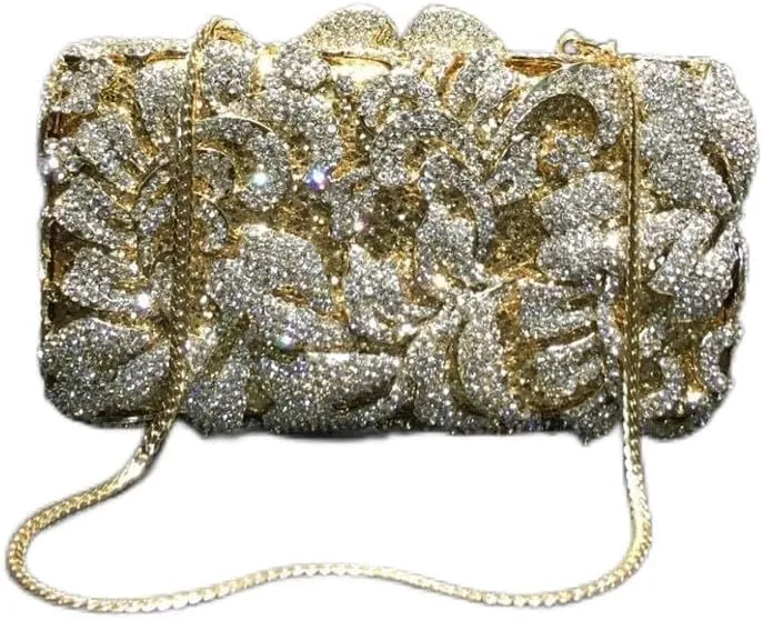 Gold Rhinestone Clutch Bag for Women, Crystal Evening Bag with Flowers, Handbag with Chain for Party Wedding (Color : Gold)