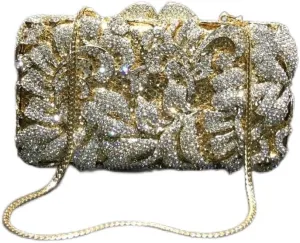 Gold Rhinestone Clutch Bag for Women, Crystal Evening Bag with Flowers, Handbag with Chain for Party Wedding (Color : Gold)