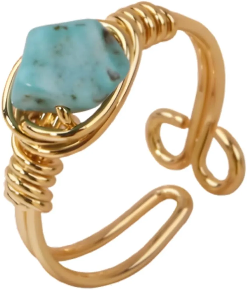 Gold Turquoise Rings for Women Adjustable Gemstone Rings Irregular Crystal Ring Gold Wire Wrapped Turquoise Rings