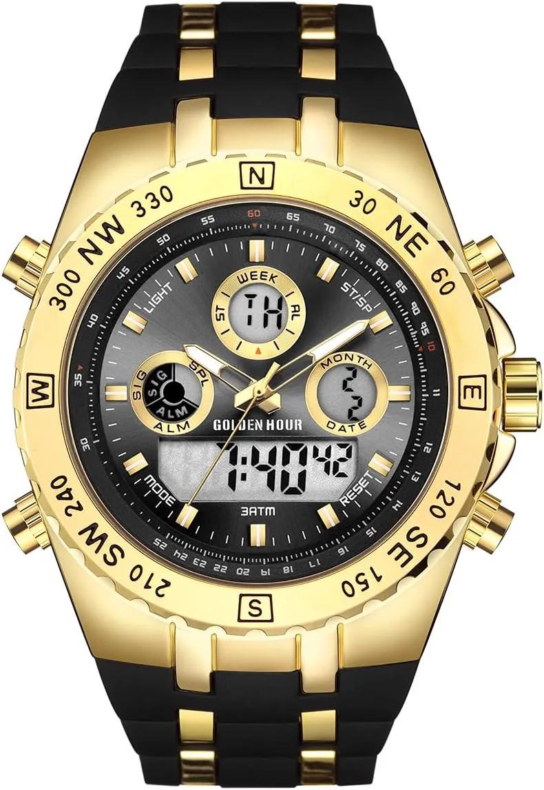 GOLDEN HOUR Luxury Military Sports Men's Watches Large Size Big Face 3ATM Waterproof, Stopwatch, Date and Date, Alarm, Luminous Digital Analog Wrist Watch with Rubber Band
