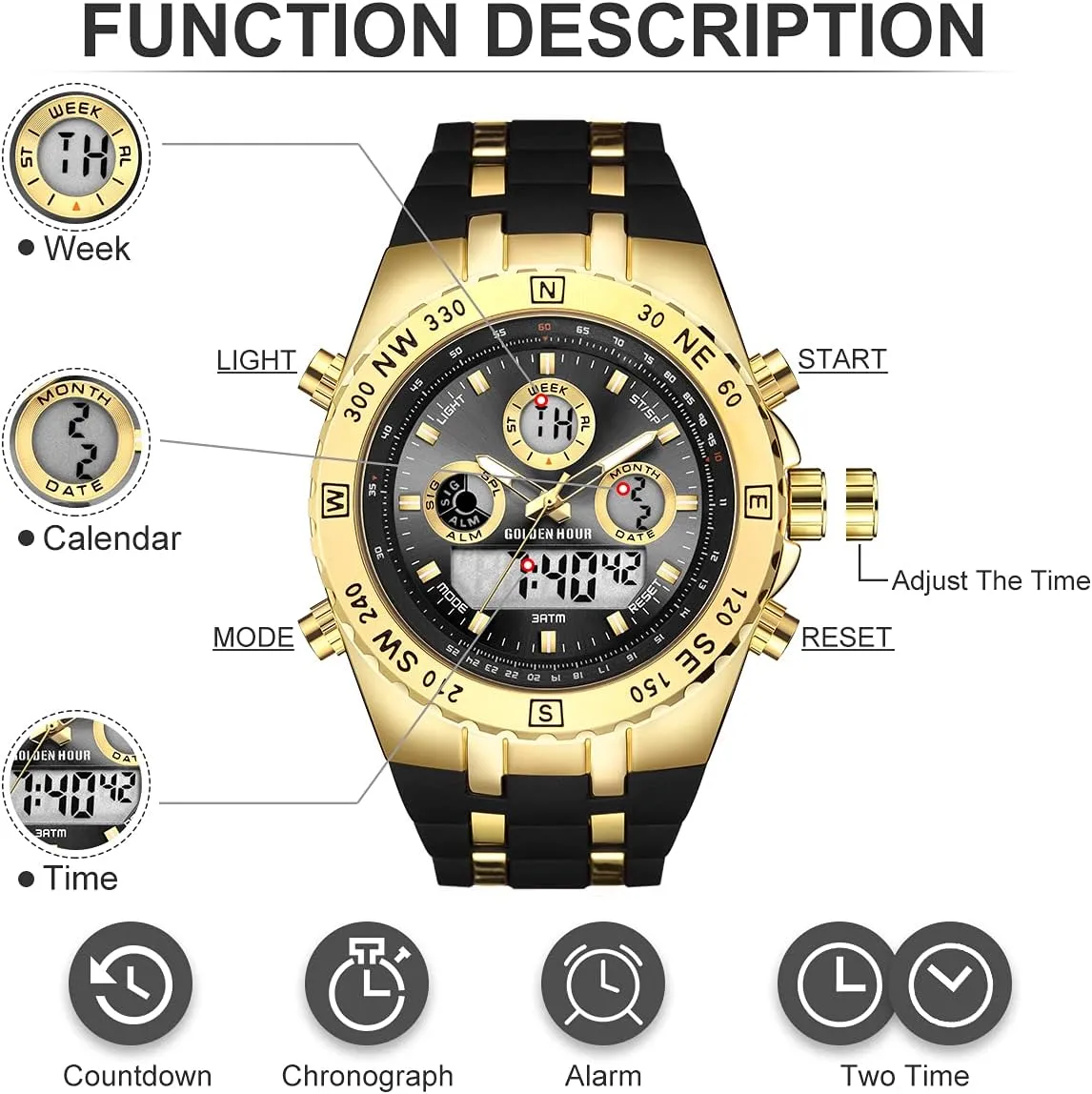 GOLDEN HOUR Luxury Military Sports Men's Watches Large Size Big Face 3ATM Waterproof, Stopwatch, Date and Date, Alarm, Luminous Digital Analog Wrist Watch with Rubber Band