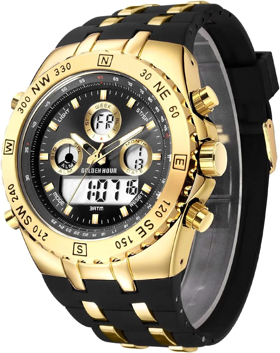 GOLDEN HOUR Luxury Military Sports Men's Watches Large Size Big Face 3ATM Waterproof, Stopwatch, Date and Date, Alarm, Luminous Digital Analog Wrist Watch with Rubber Band