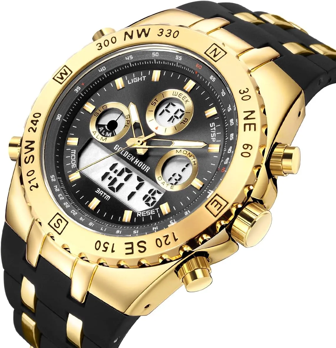 GOLDEN HOUR Luxury Military Sports Men's Watches Large Size Big Face 3ATM Waterproof, Stopwatch, Date and Date, Alarm, Luminous Digital Analog Wrist Watch with Rubber Band