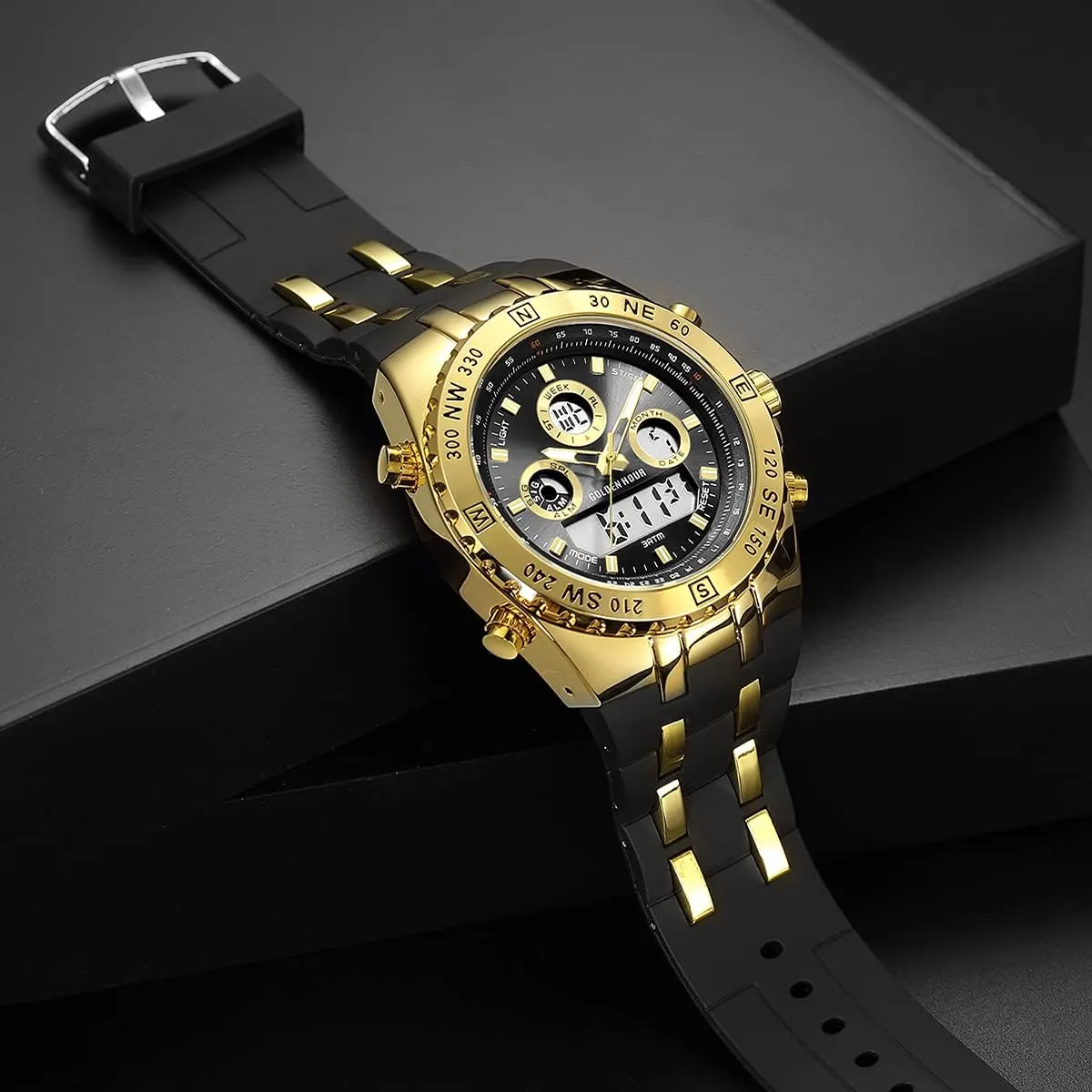 GOLDEN HOUR Luxury Military Sports Men's Watches Large Size Big Face 3ATM Waterproof, Stopwatch, Date and Date, Alarm, Luminous Digital Analog Wrist Watch with Rubber Band