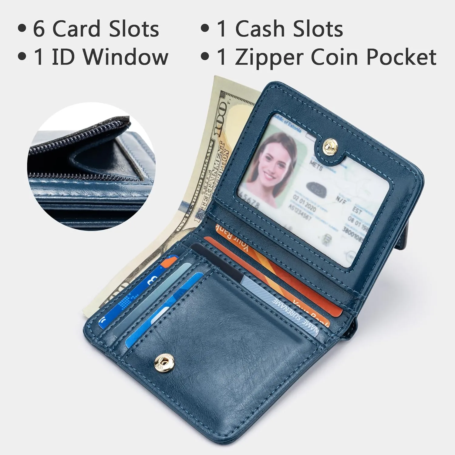 Gostwo Small Wallet for Women, Slim Bifold Credit Card Holder, Compact RFID Blocking Cash Wallet, Billfolds Thin Leather Zipper Pocket, Mini Wallet Gift for Ladies Teen Girls Travel with ID Window
