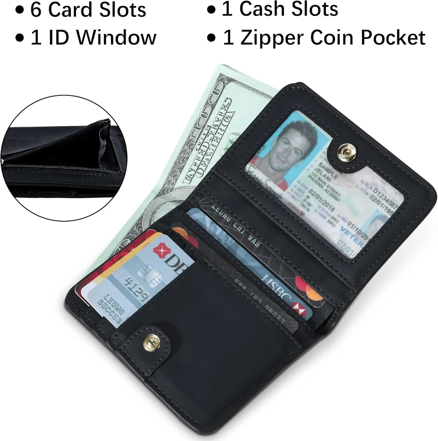 Gostwo Small Wallet for Women, Slim Bifold Credit Card Holder, Compact RFID Blocking Cash Wallet, Billfolds Thin Leather Zipper Pocket, Mini Wallet Gift for Ladies Teen Girls Travel with ID Window