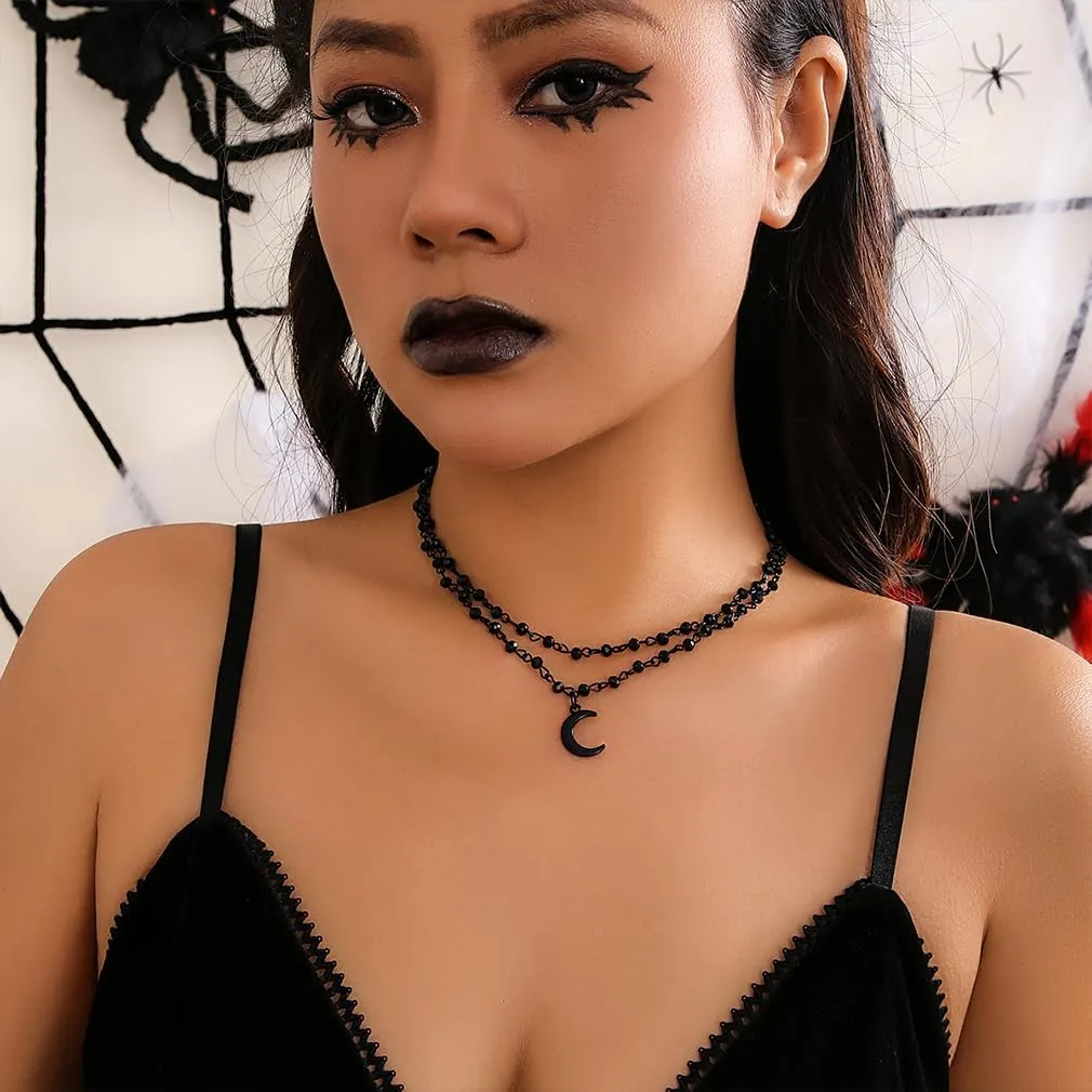 Gothic Black Beaded Moon Choker Necklaces for Woman Punk Goth Darkness Crescent Star Necklace Halloween Dress Costume Outfit Jewelry Gifts Accessories