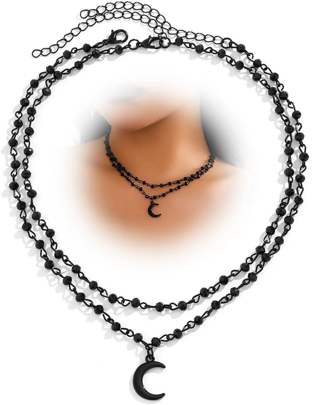 Gothic Black Beaded Moon Choker Necklaces for Woman Punk Goth Darkness Crescent Star Necklace Halloween Dress Costume Outfit Jewelry Gifts Accessories