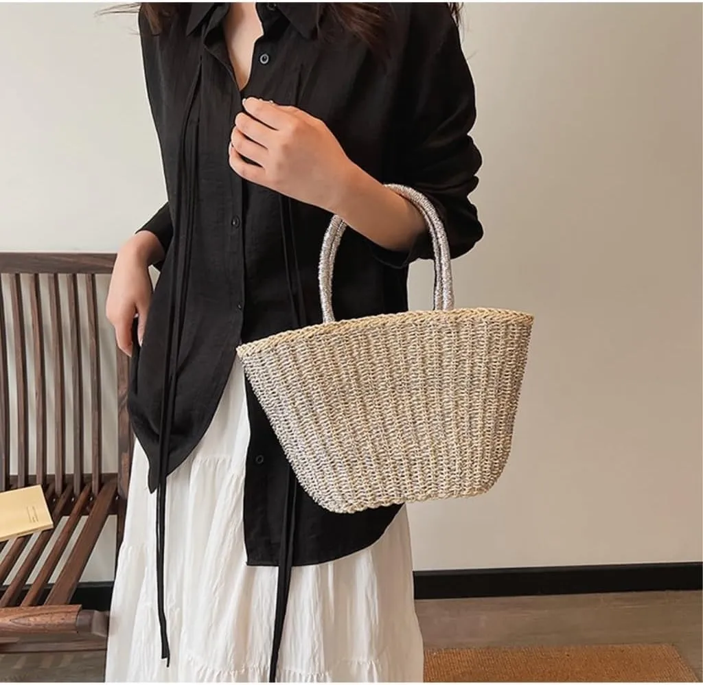 Handbag 2024 New Casual Summer Popular Woven Straw Bag Women's Bag Niche Simple Fashion Bucket Bag Straw Bags(Gold)