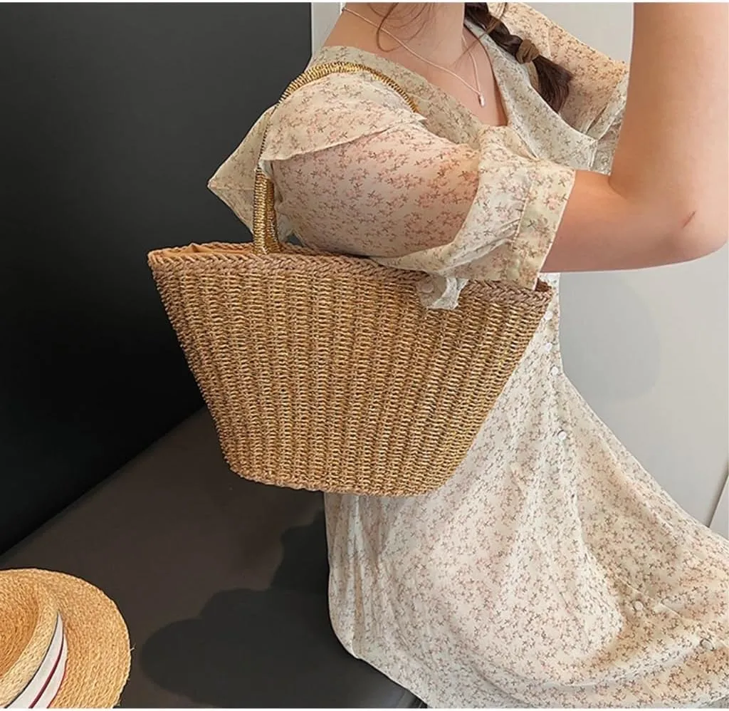 Handbag 2024 New Casual Summer Popular Woven Straw Bag Women's Bag Niche Simple Fashion Bucket Bag Straw Bags(Gold)