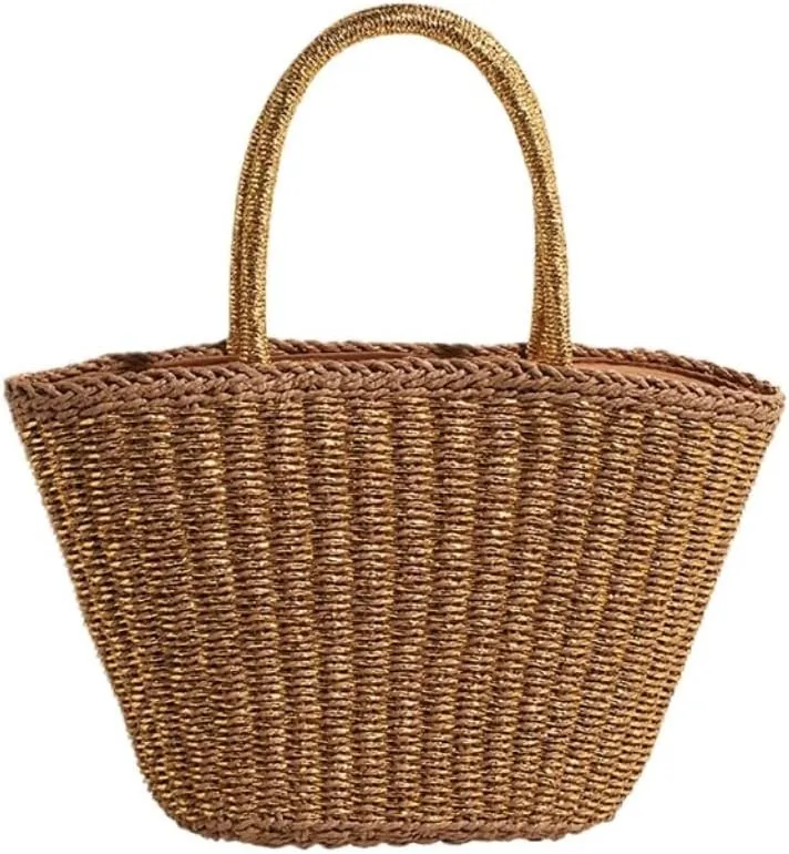Handbag 2024 New Casual Summer Popular Woven Straw Bag Women's Bag Niche Simple Fashion Bucket Bag Straw Bags(Gold)