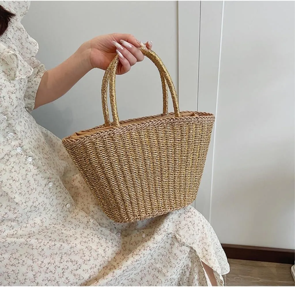 Handbag 2024 New Casual Summer Popular Woven Straw Bag Women's Bag Niche Simple Fashion Bucket Bag Straw Bags(Gold)