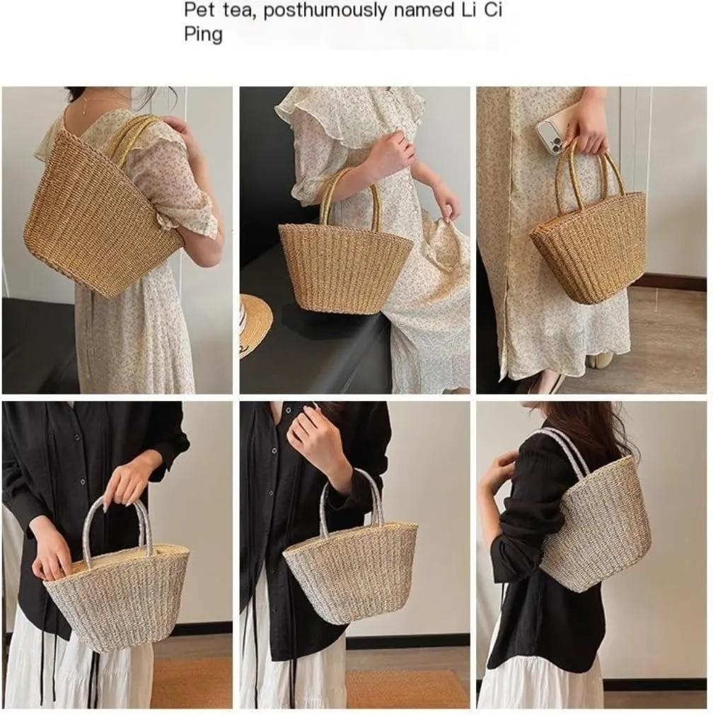 Handbag 2024 New Casual Summer Popular Woven Straw Bag Women's Bag Niche Simple Fashion Bucket Bag Straw Bags(Gold)