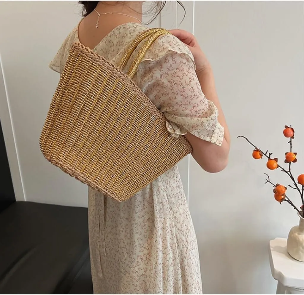 Handbag 2024 New Casual Summer Popular Woven Straw Bag Women's Bag Niche Simple Fashion Bucket Bag Straw Bags(Gold)