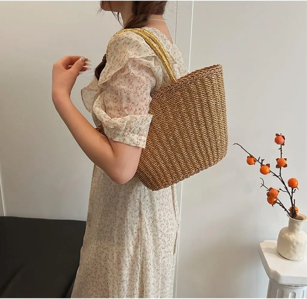 Handbag 2024 New Casual Summer Popular Woven Straw Bag Women's Bag Niche Simple Fashion Bucket Bag Straw Bags(Gold)