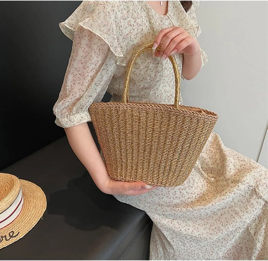 Handbag 2024 New Casual Summer Popular Woven Straw Bag Women's Bag Niche Simple Fashion Bucket Bag Straw Bags(Gold)