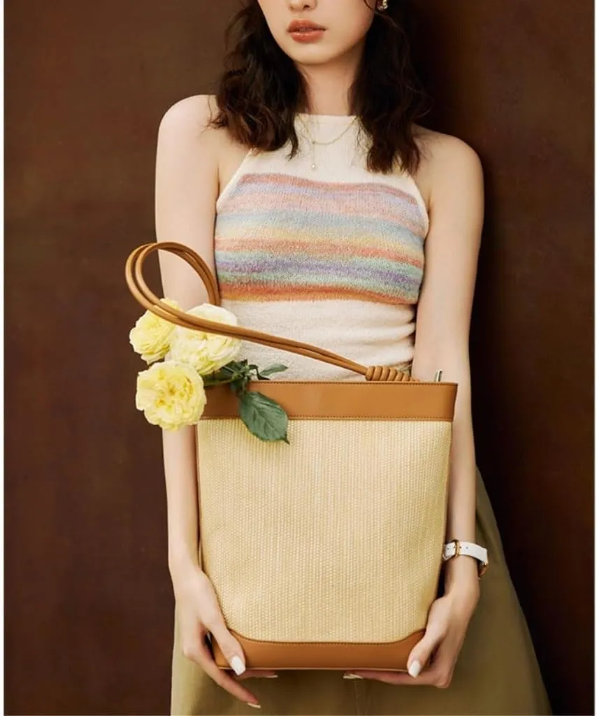 Handbag Bucket Bag Women's Beach Straw Bag Ins Style Handbag Large Capacity Commuter Shoulder Bag Straw Bags
