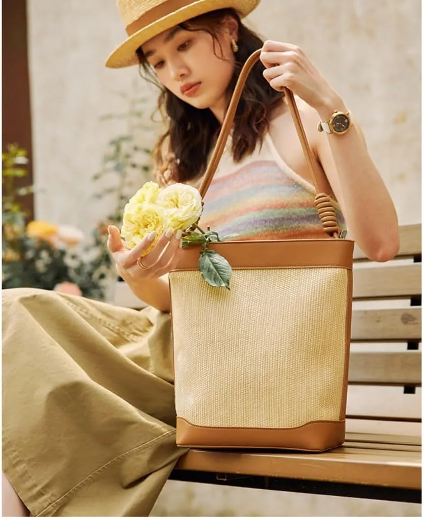 Handbag Bucket Bag Women's Beach Straw Bag Ins Style Handbag Large Capacity Commuter Shoulder Bag Straw Bags