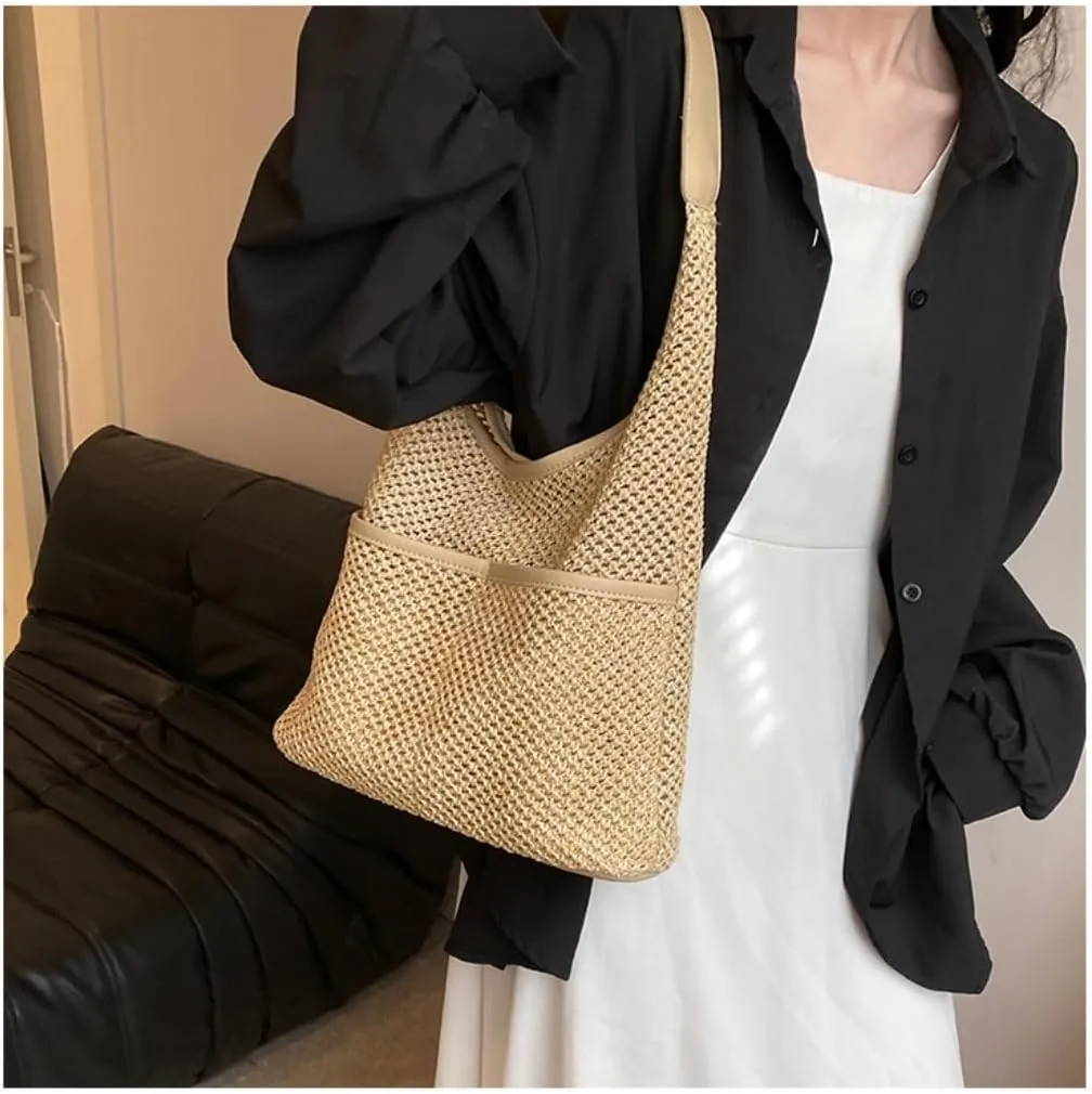 Handbag Straw Bag Women's Beach Bag Literary Forest Style Woven Bag Shoulder Tote Bucket Bag Straw Bags(K)