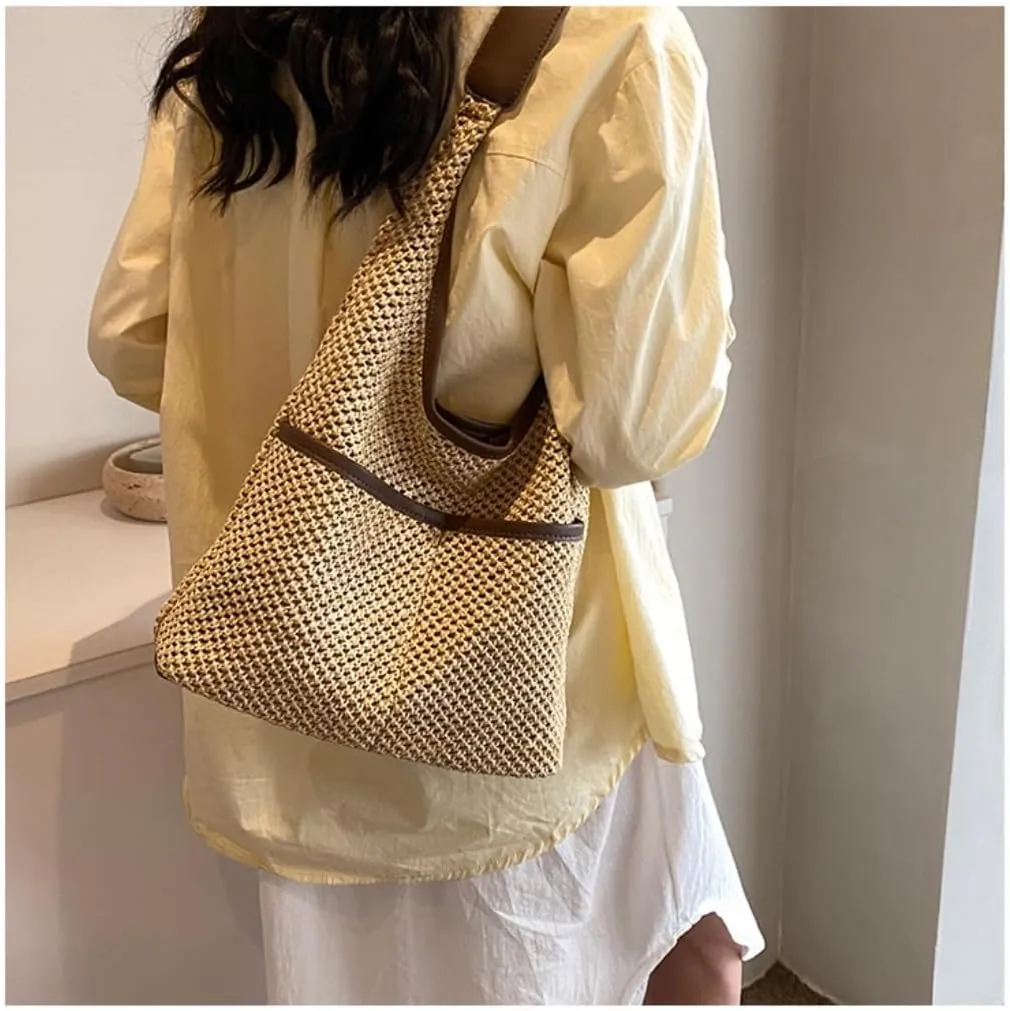 Handbag Straw Bag Women's Beach Bag Literary Forest Style Woven Bag Shoulder Tote Bucket Bag Straw Bags(K)