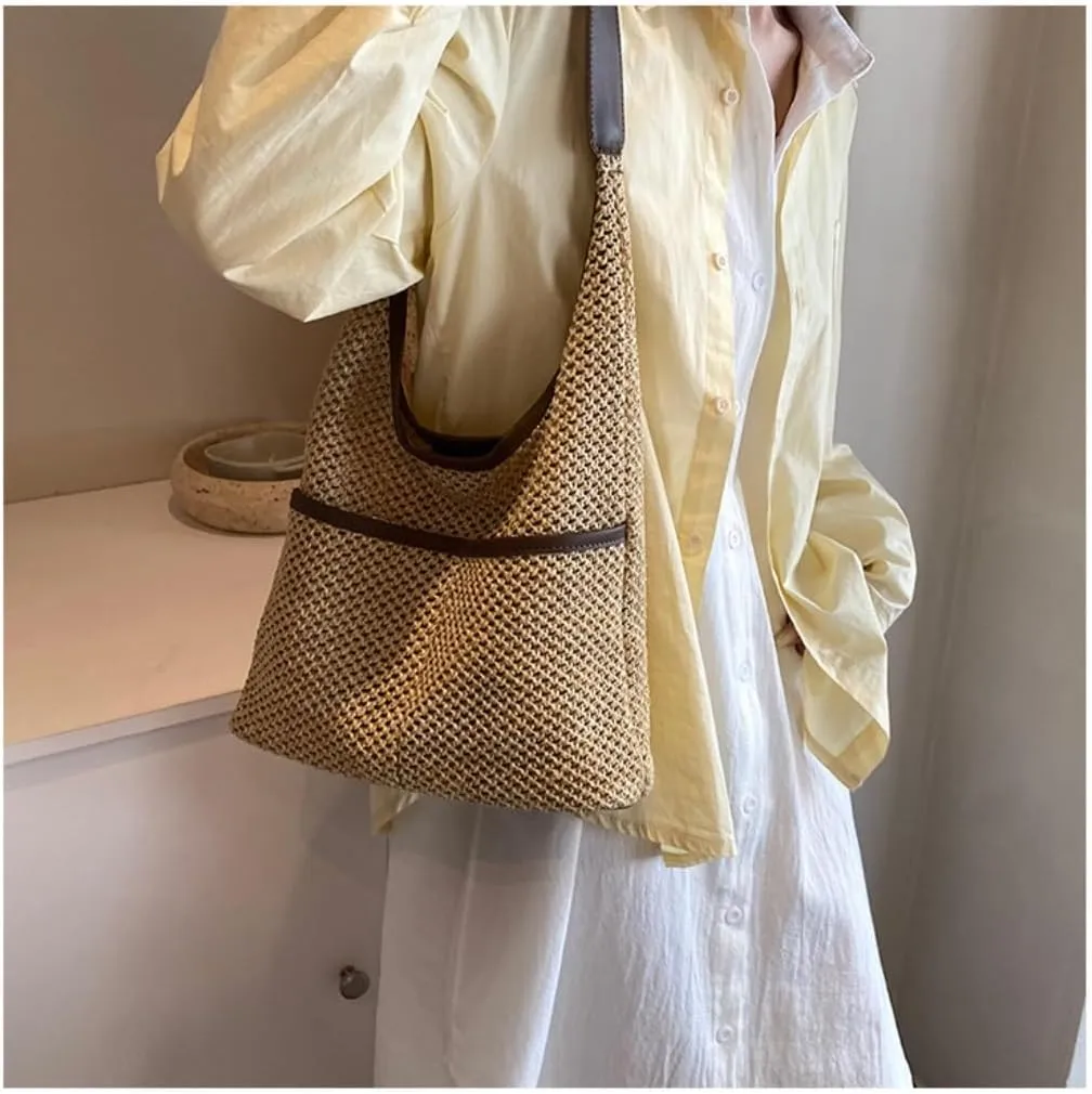 Handbag Straw Bag Women's Beach Bag Literary Forest Style Woven Bag Shoulder Tote Bucket Bag Straw Bags(K)