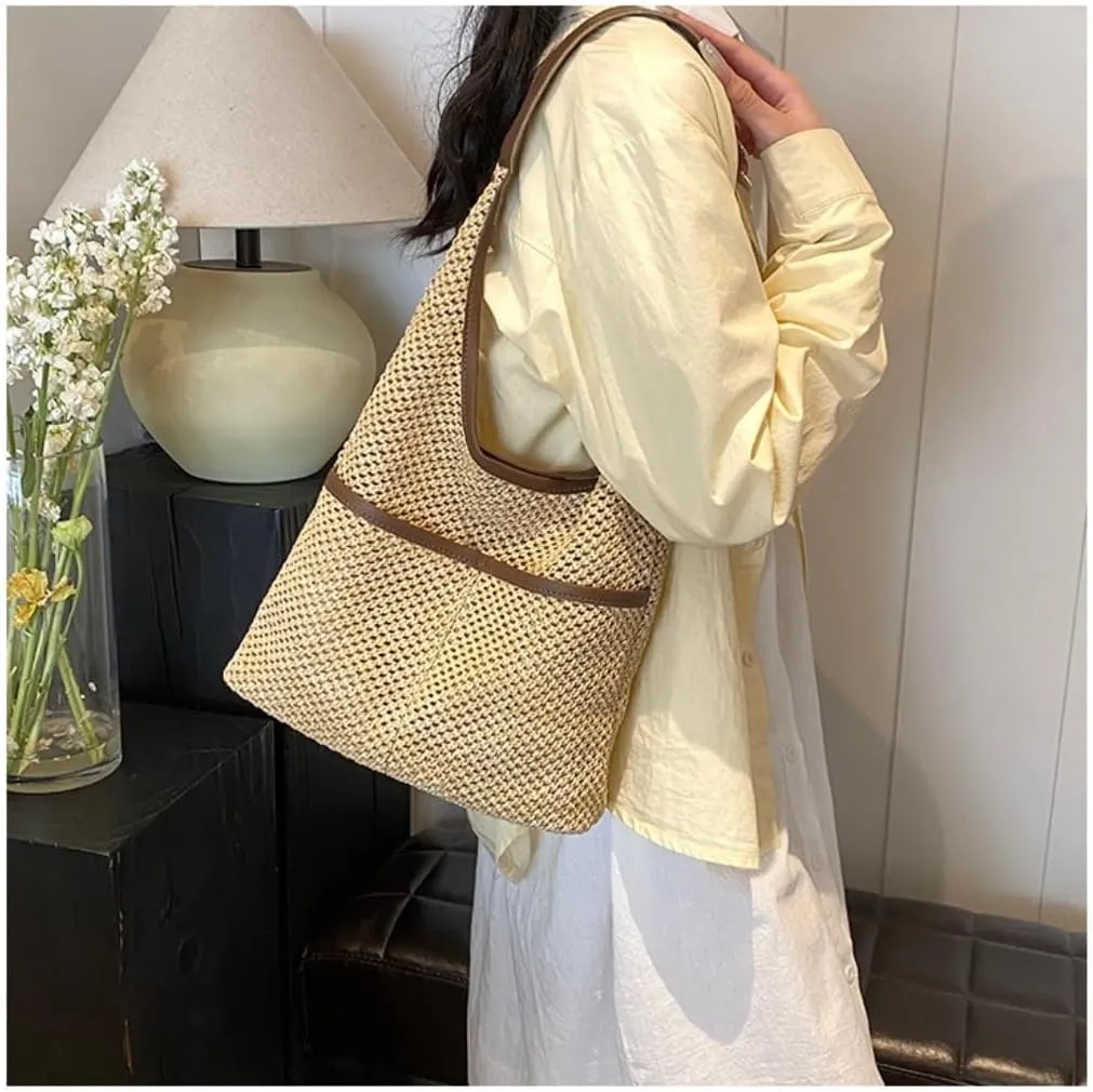Handbag Straw Bag Women's Beach Bag Literary Forest Style Woven Bag Shoulder Tote Bucket Bag Straw Bags(K)