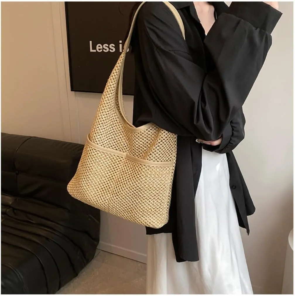 Handbag Straw Bag Women's Beach Bag Literary Forest Style Woven Bag Shoulder Tote Bucket Bag Straw Bags(K)