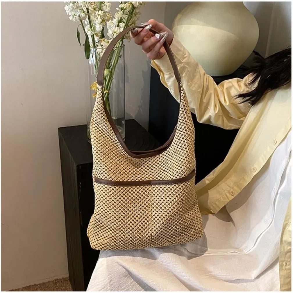 Handbag Straw Bag Women's Beach Bag Literary Forest Style Woven Bag Shoulder Tote Bucket Bag Straw Bags(K)