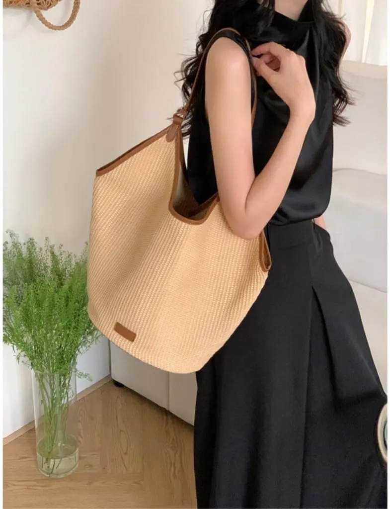 Handbag Straw Bag Women's Tote New Summer Leisure Shoulder Large Bag Commuting Woven Bucket Bag Straw Bags(Brown)